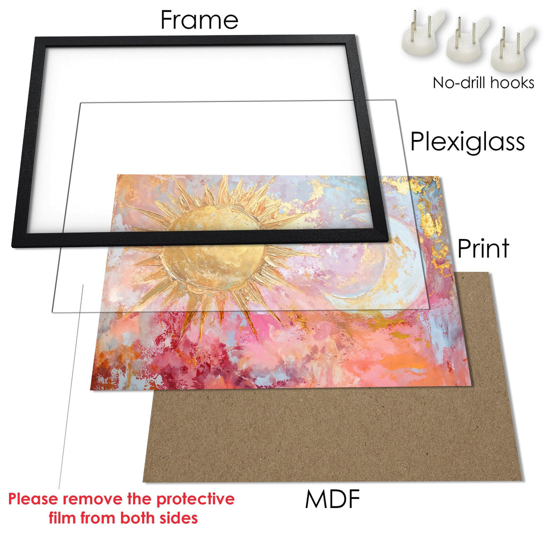 Framed Poster featuring an abstract sun design with a warm pink and gold color palette. Perfect wall art!