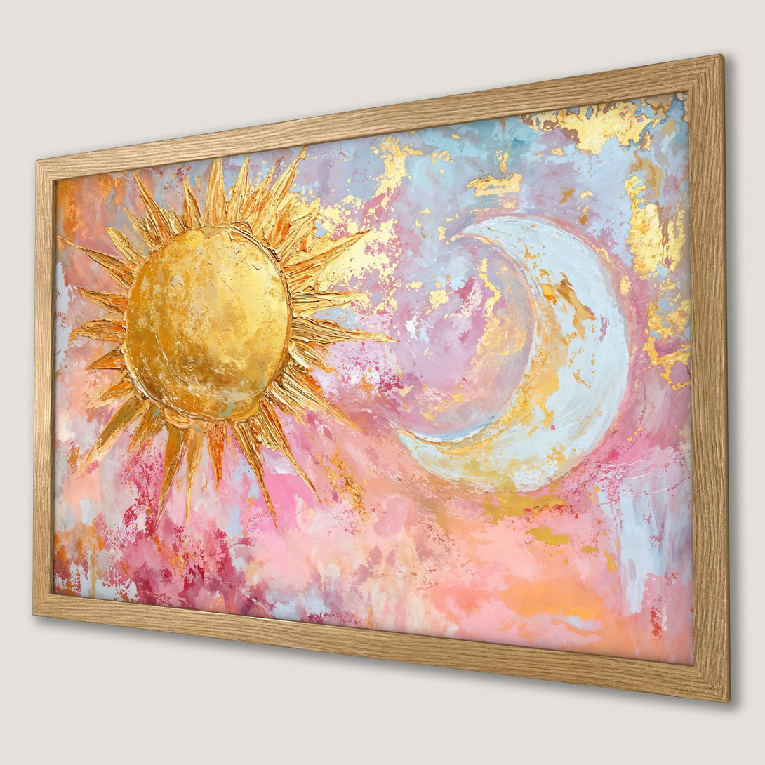 Framed Poster featuring a golden sun and moon abstract art piece, with a pink, gold, and blue color palette.
