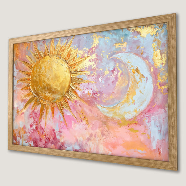 Framed Poster featuring a golden sun and moon abstract art piece, with a pink, gold, and blue color palette.