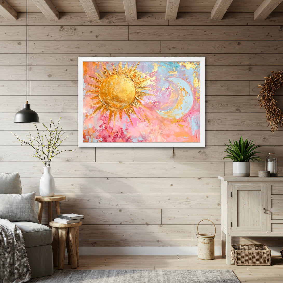 Framed Poster featuring a sun and moon abstract art piece in a vibrant pink, gold, and blue color palette. Perfect wall decor!