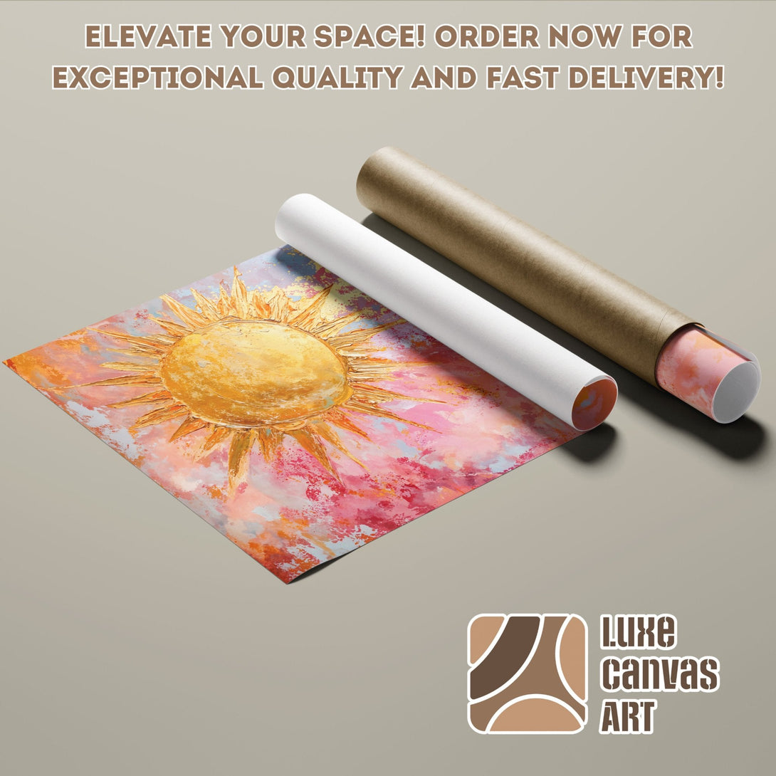 Abstract sun Poster Roll art in warm pinks, oranges, and yellows. Elevate your space today!