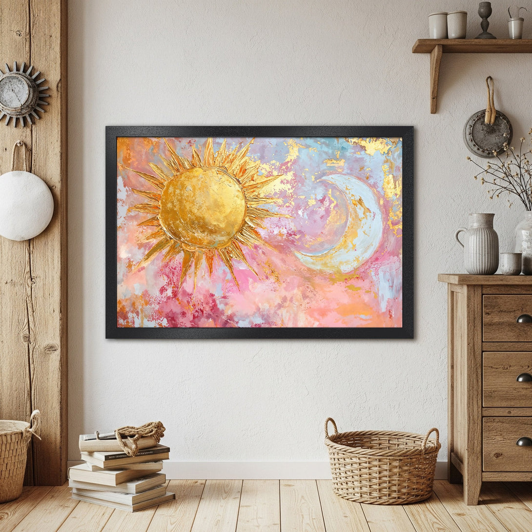 Framed Poster featuring a celestial abstract painting with sun & moon, gold accents, and a pink, blue, and orange color palette.
