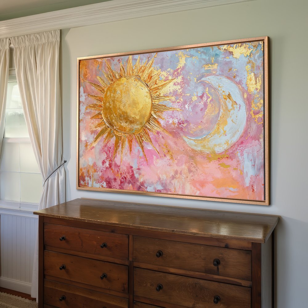 Framed Wall Art: Celestial sun and moon abstract painting in gold, pink, and blue. Modern art canvas print for stylish home decor.