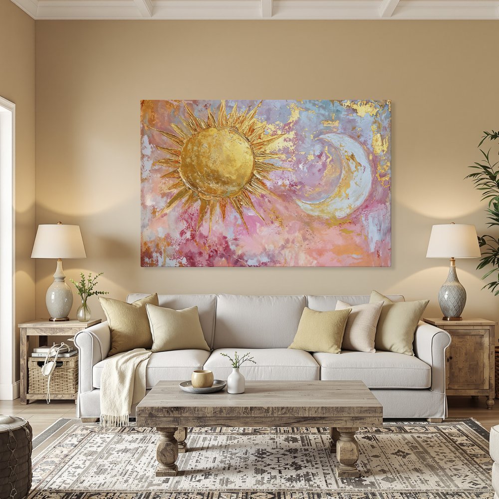 Framed Wall Art: Celestial sun and moon painting in gold, pink, and blue. Add a touch of magic to your space with this stunning canvas print!