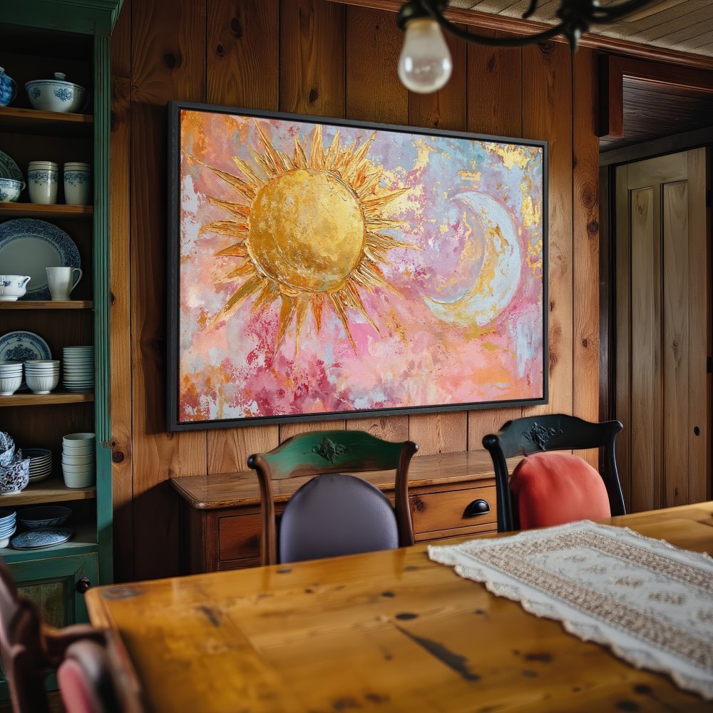 Framed Wall Art: Abstract sun and moon canvas print in gold, pink, and blue. Add celestial art to your home decor!