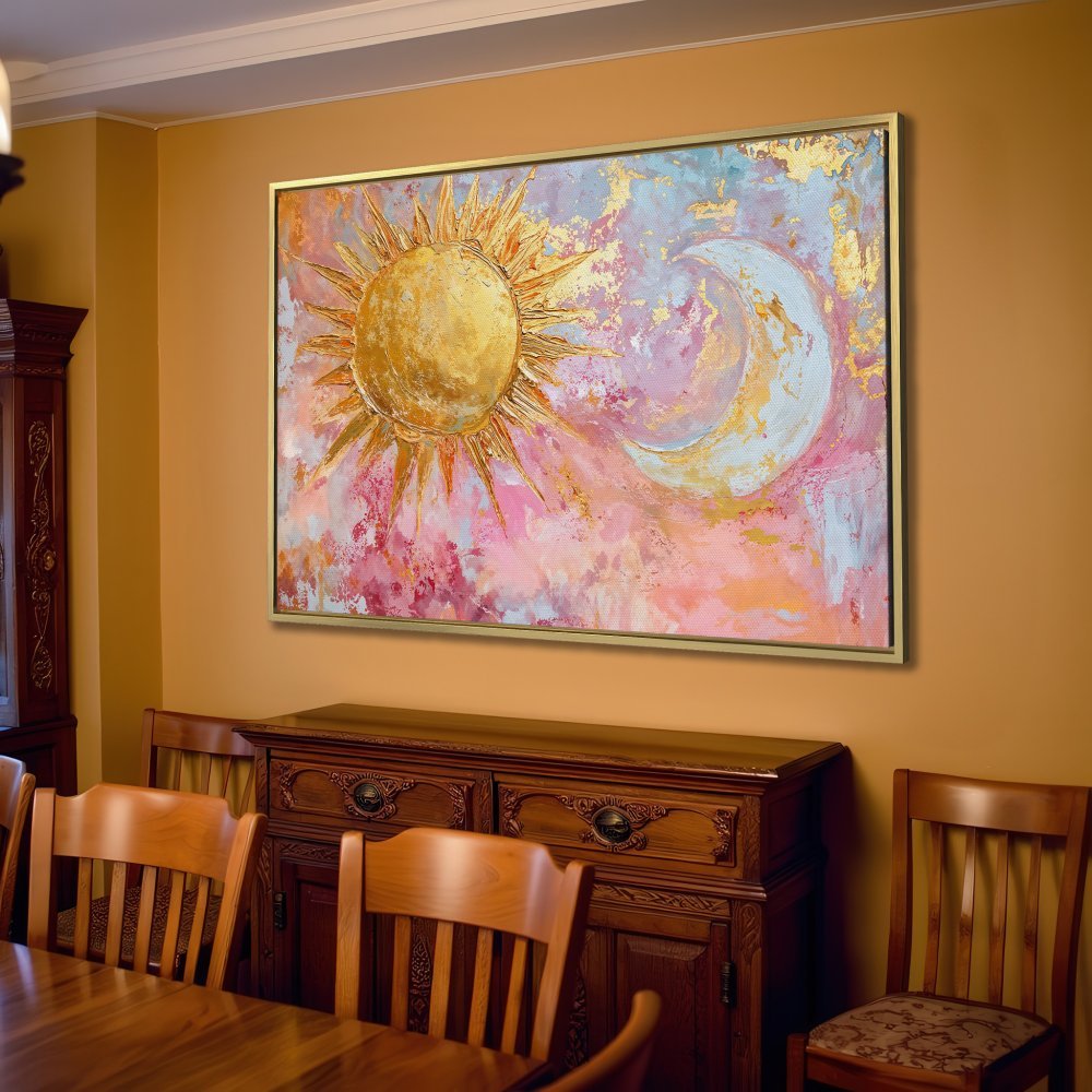 Abstract Canvas Print of sun and moon in a gold, pink, and blue palette. Modern wall art for living room decor.