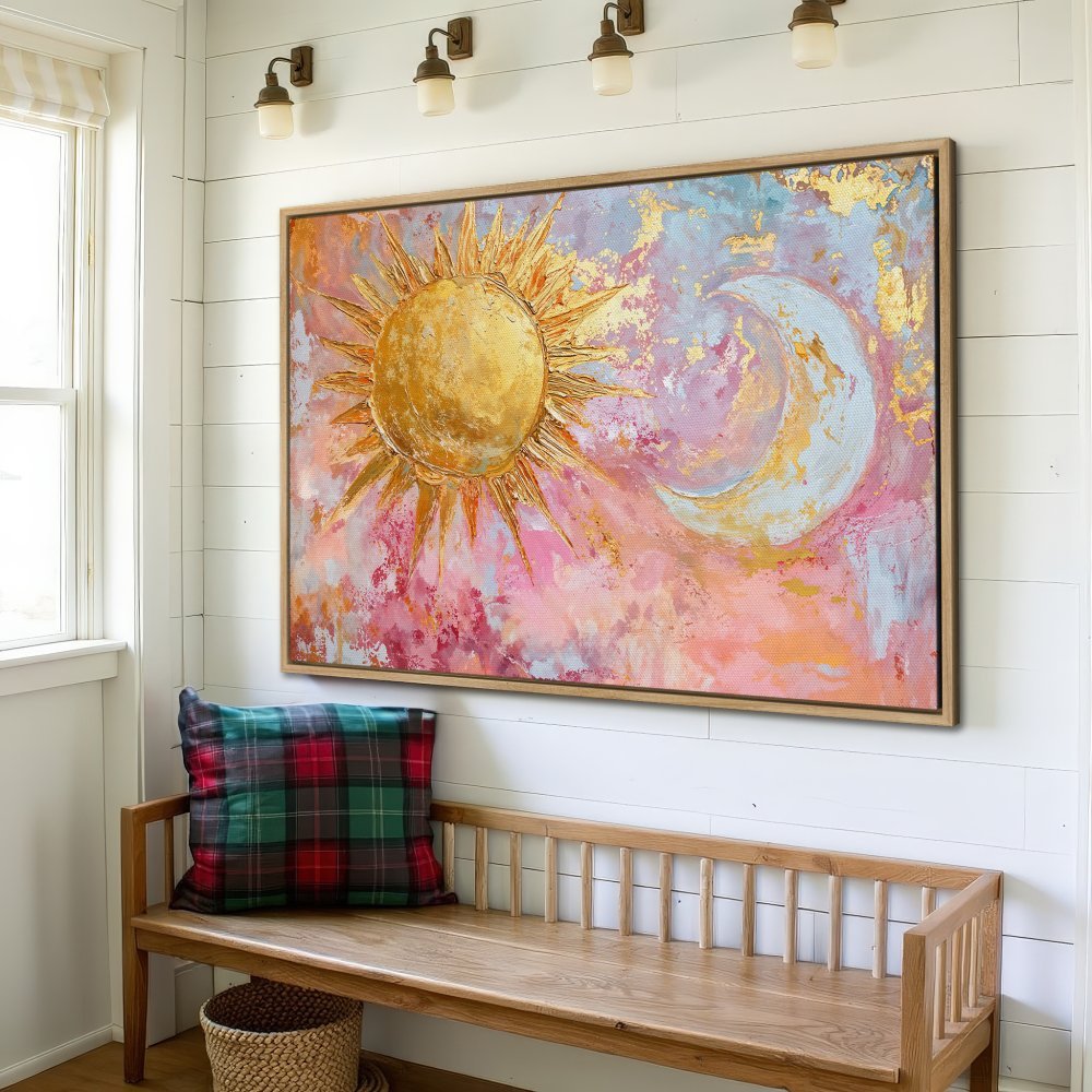 Framed Wall Art: Abstract sun and moon painting in gold, pink, and blue. Adds a touch of celestial beauty to any space. Shop now!