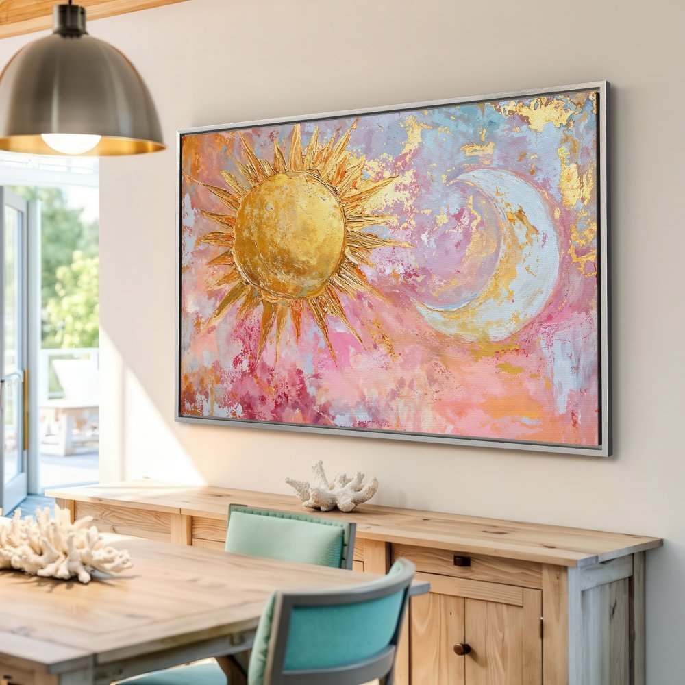 Framed Wall Art featuring a sun and moon celestial design in a dreamy, abstract style with a gold, pink, and blue color palette.