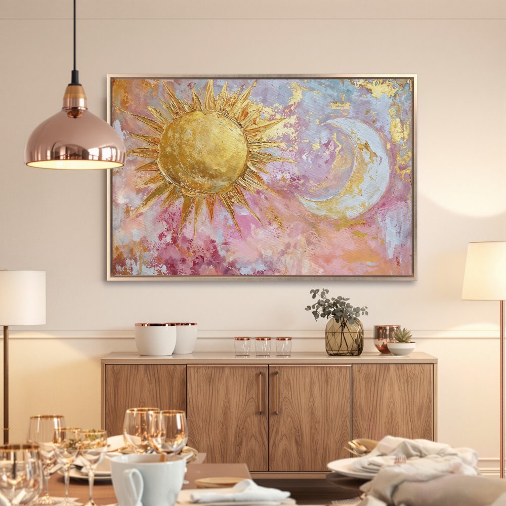 Framed Wall Art: Celestial sun and moon painting in gold, pink, and blue. Add a touch of whimsy to your space with this stunning canvas print.