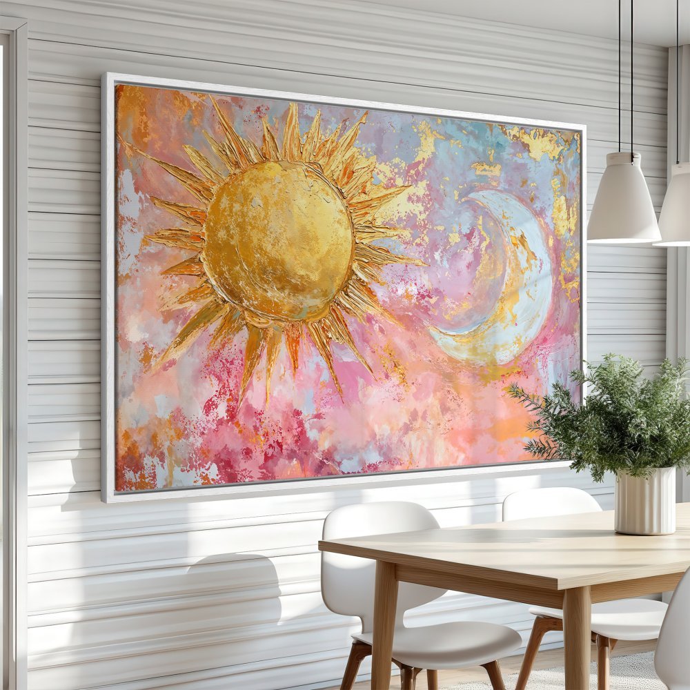 Framed Wall Art: Abstract sun and moon painting in a modern style. Features a warm pink, gold, and blue color palette, perfect for any interior.