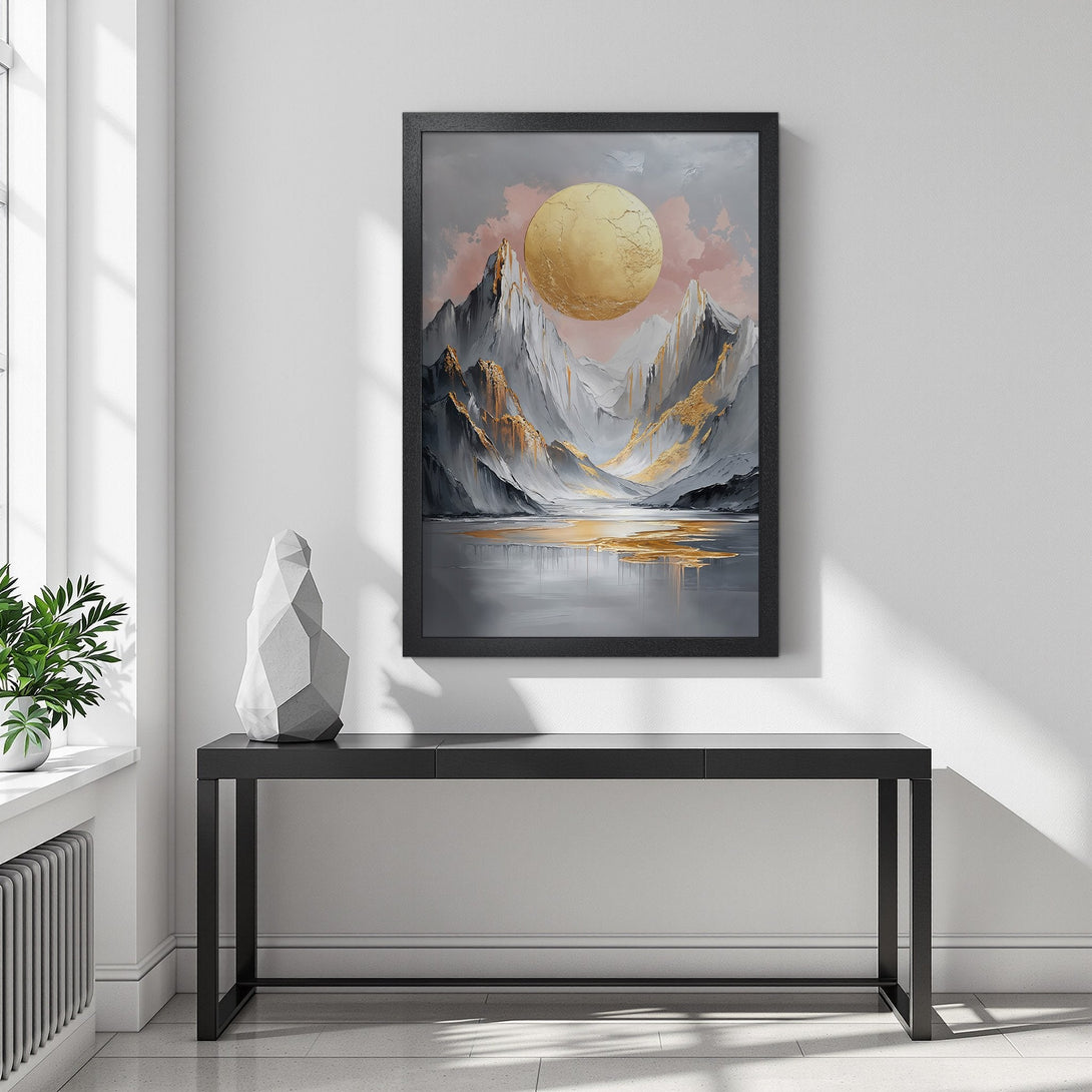 Framed Poster featuring a mountain landscape with a golden sun, in a modern style with a gray, gold, and pink color palette.