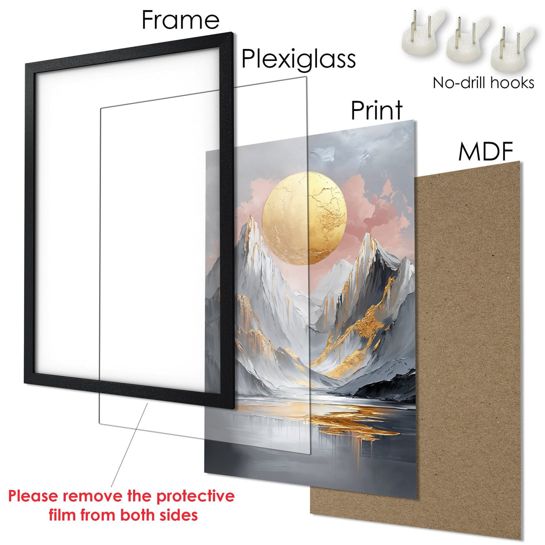 Framed Poster: Abstract landscape art print with gold, gray, and pink color palette. Ready to hang wall decor.