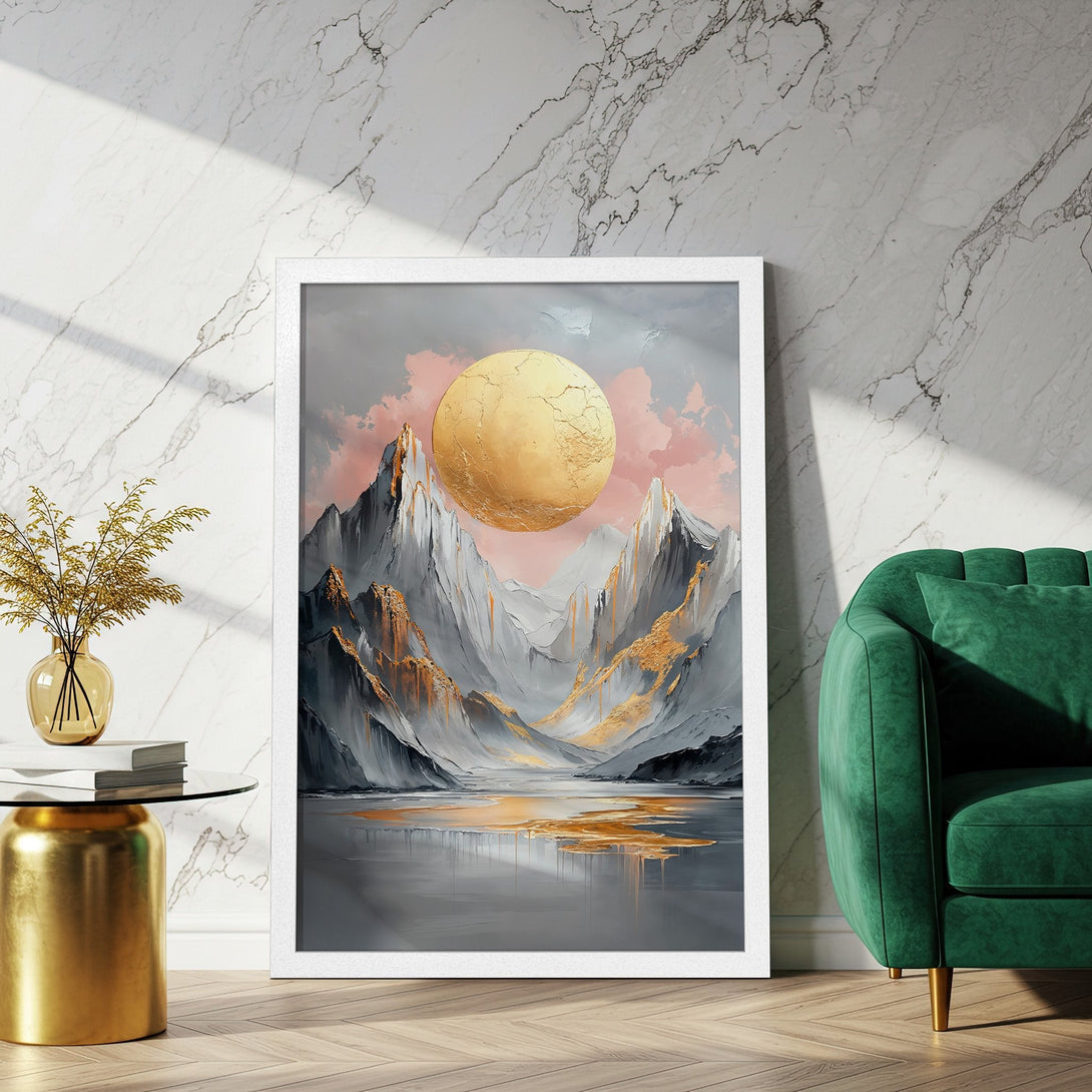 Framed Poster featuring a mountain landscape with a golden sun. Modern art style with gray, gold, and pink color palette. Perfect wall decor.