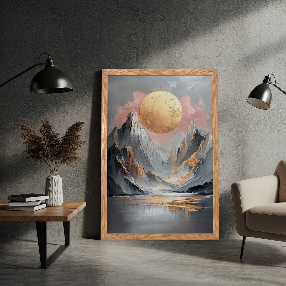 Framed Poster of a mountain landscape in a modern, abstract style. Features a gold, gray, and pink color palette. Perfect wall art!