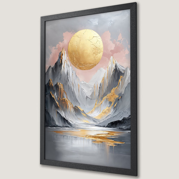 Framed Poster featuring a mountain landscape with a golden sun, abstract style, and a gray, gold, and pink color palette.