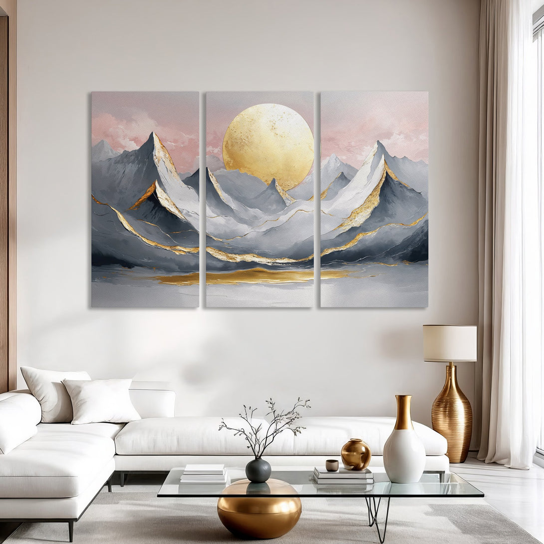 Abstract mountain Canvas Print in gray, gold, and pink. Modern wall art for living room decor.