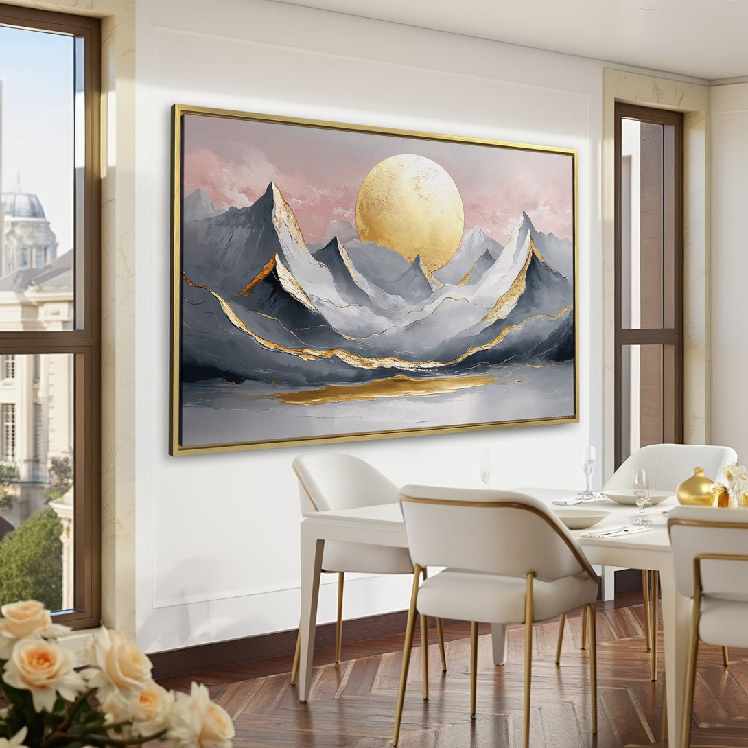 Canvas Print of abstract mountain landscape with gold accents. Modern art in a grey, pink, and gold palette. Perfect for home decor.