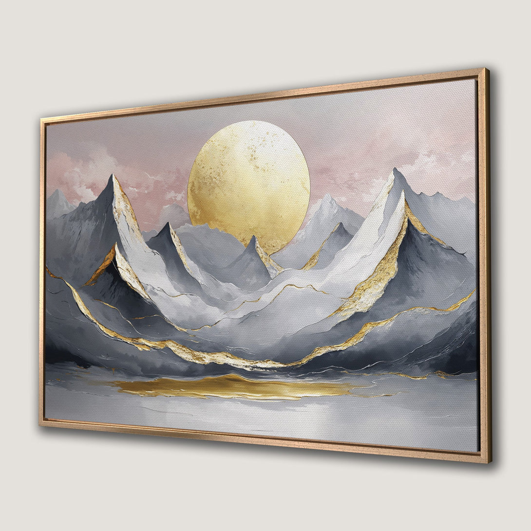 Framed Wall Art: Abstract mountain landscape with gold accents, a large sun, and a muted gray and gold color palette. Elevate your space!