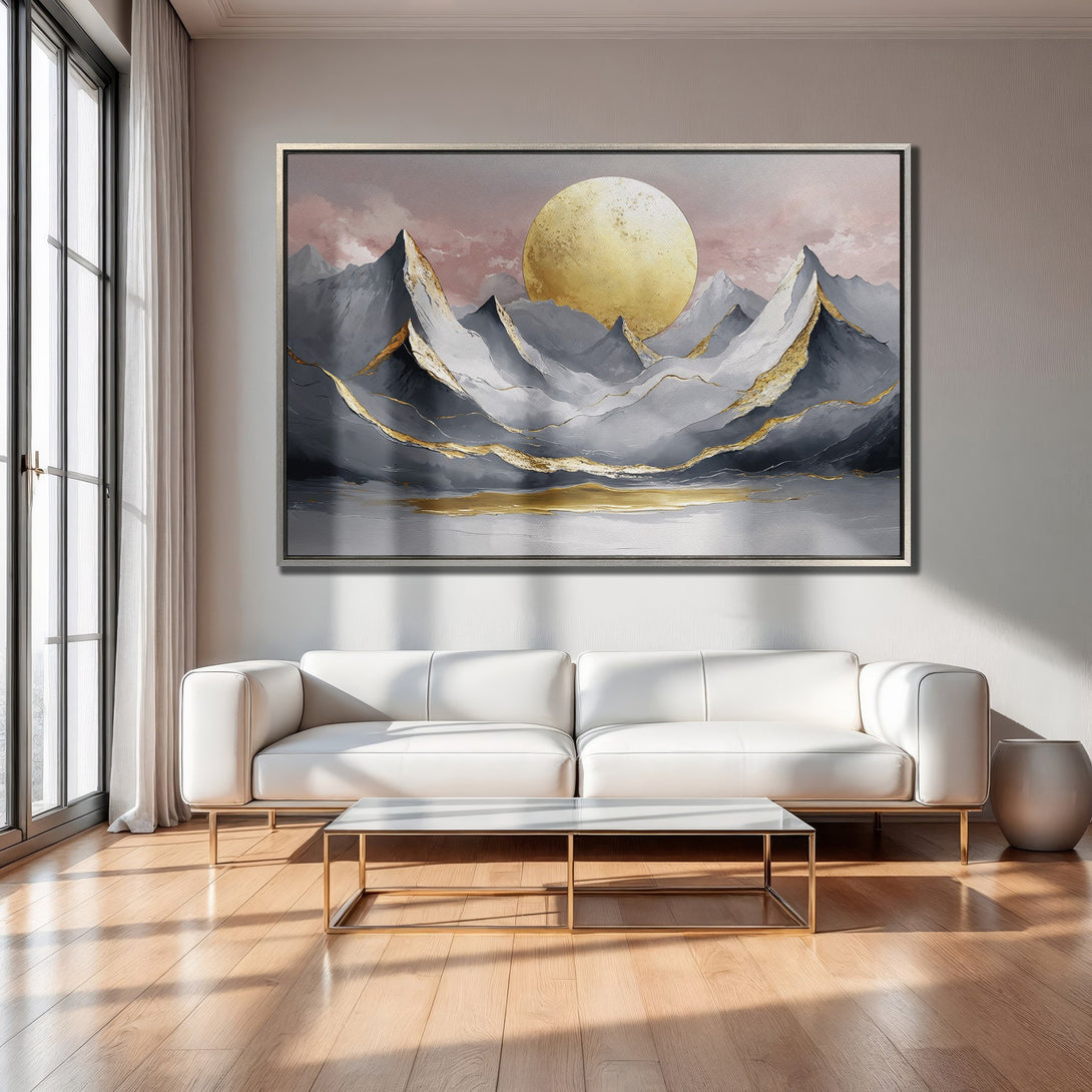 Framed Wall Art: Abstract mountain landscape in gray, gold, and pink. Modern art canvas print adds elegance to any interior.