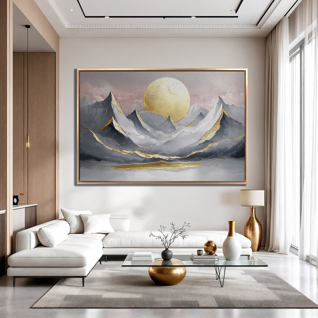 Framed Wall Art: Abstract mountain landscape in gray, gold, and pink hues. Modern art for living room decor. Enhance your space with this stunning canvas print.