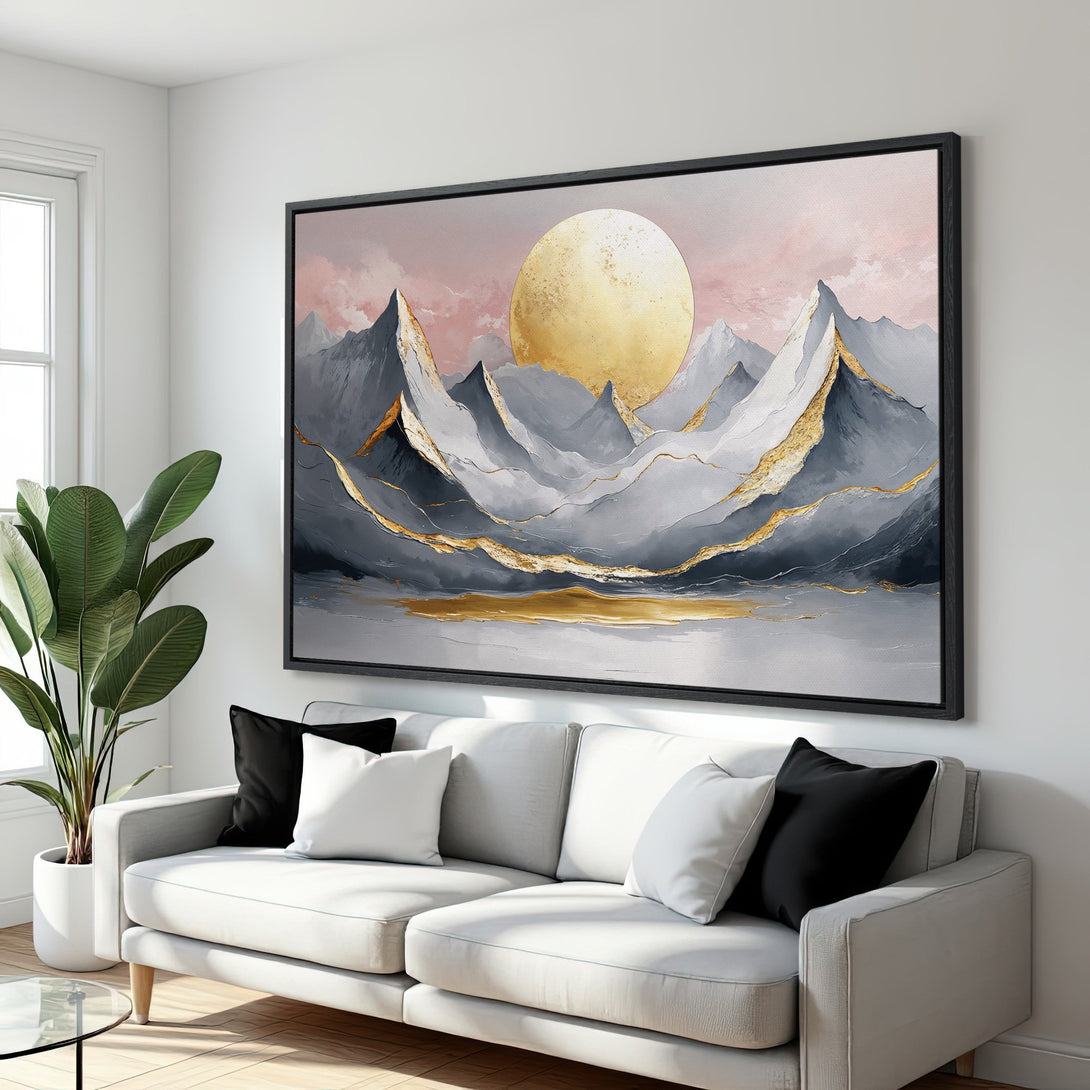 Framed Wall Art: Abstract mountain landscape canvas print in gray, gold, and blush tones. Elevate your space with this modern, stylish artwork.