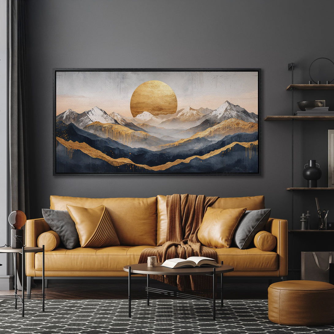 Framed Wall Art: Abstract mountain landscape canvas print in gold, blue, and neutral tones. Modern art to elevate your living room decor.