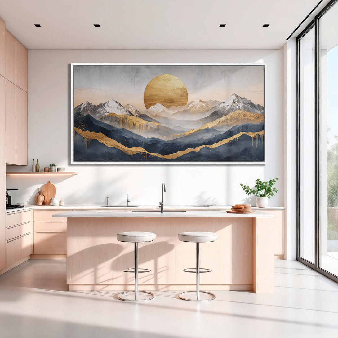 Framed Wall Art: Abstract mountain landscape in gold and navy hues. Modern art print adds a touch of elegance to any space.