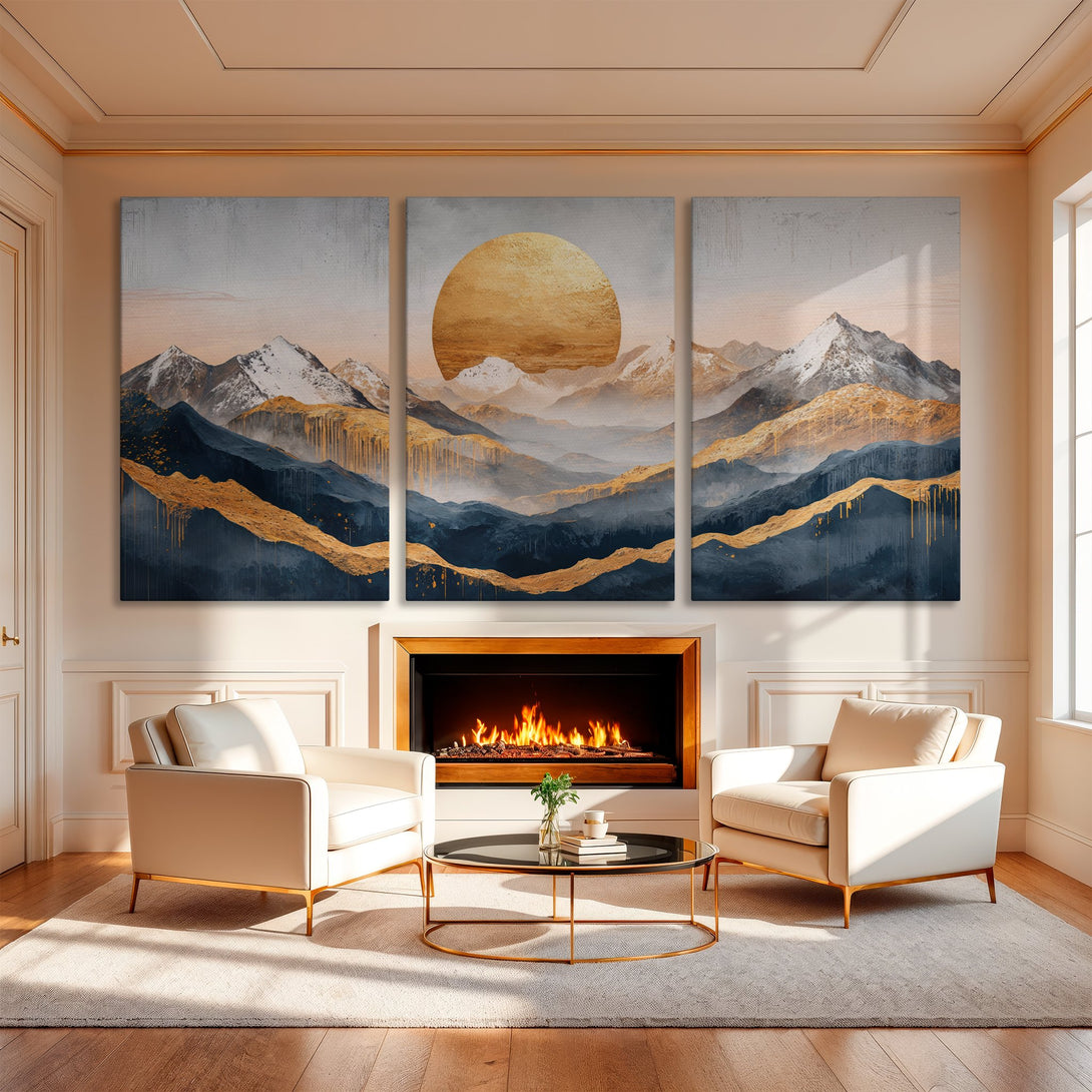 Abstract Canvas Print of mountain landscape with gold accents, in a modern interior. Features a blue, gold, and gray color palette.