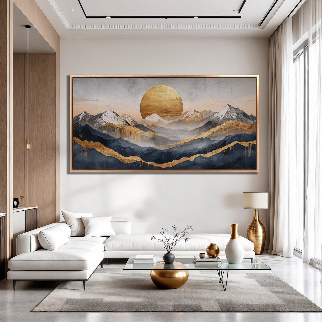 Framed Wall Art: Abstract mountain landscape Canvas Print in gold, navy, and neutral tones. Modern art for living room decor.