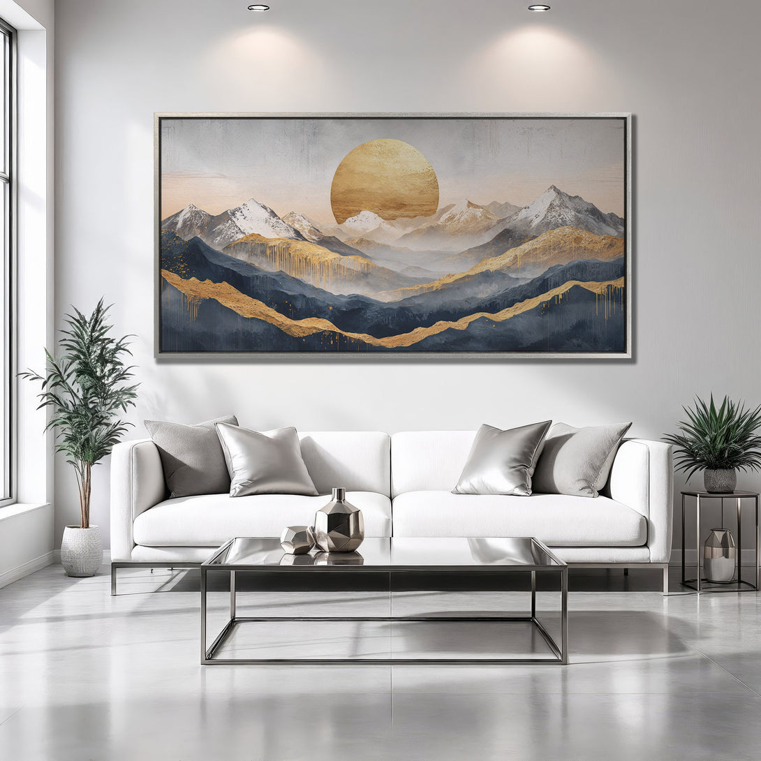 Framed Wall Art: Abstract mountain landscape Canvas Print in blue, gold, and gray tones. Modern art for living room decor.