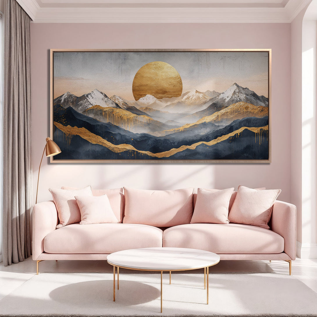 Framed Wall Art: Abstract mountain landscape in gold, navy, and gray. Modern art print adds elegance to any room. Shop now!