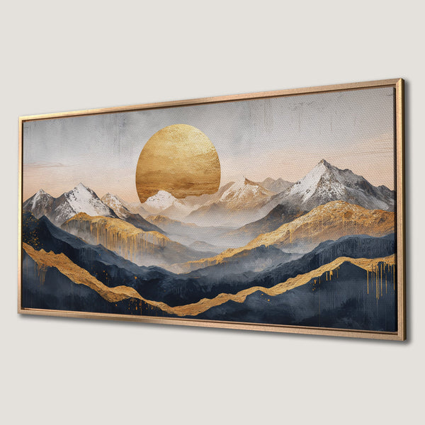 Framed Wall Art: Abstract mountain landscape Canvas Print in gold, navy, and neutral tones. Modern art for a stylish home.