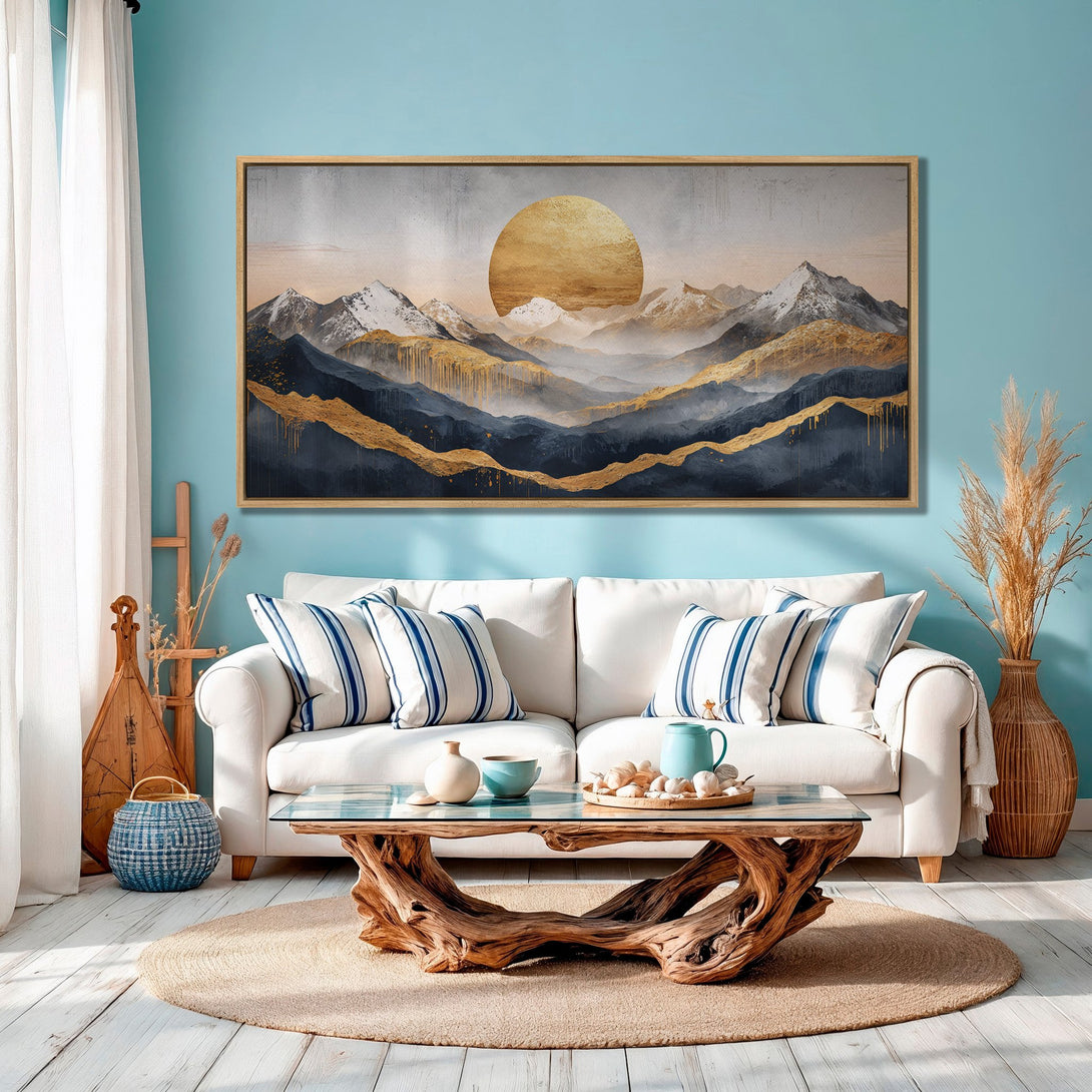 Framed Wall Art: Abstract mountain landscape with gold accents. Modern art in blue, gold, and gray tones. Perfect for living room decor.