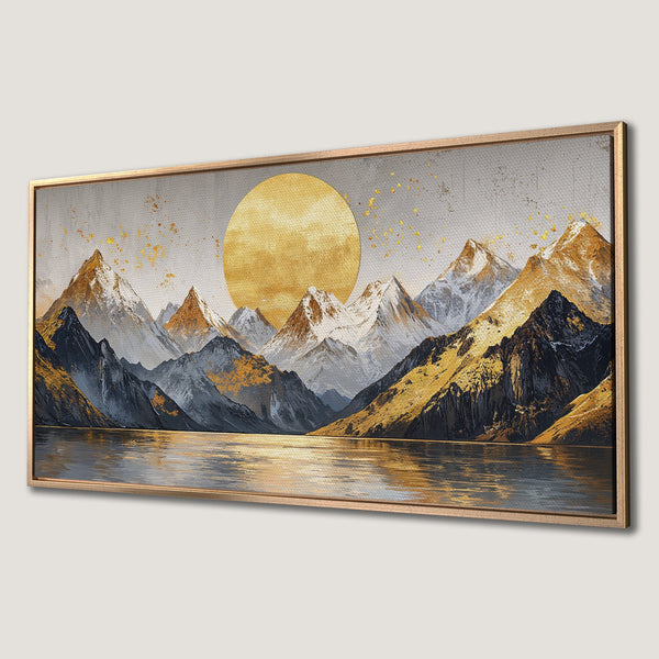 Framed Wall Art: Mountain landscape Canvas Print with gold, gray, and blue color palette. Modern art for home decor, perfect for living rooms and bedrooms.