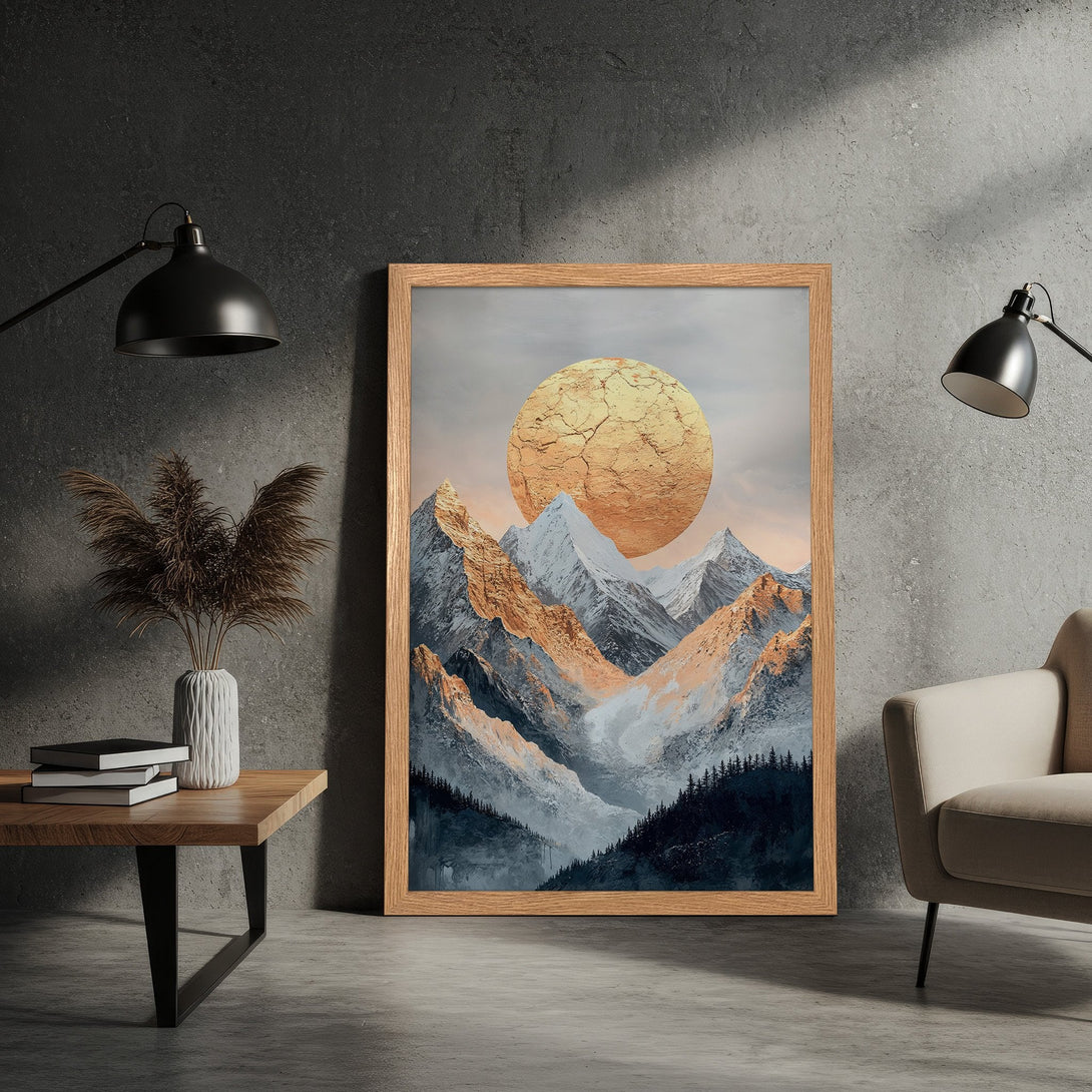 Framed Poster featuring a mountain landscape with a golden sun, in a modern style with a neutral and warm color palette.