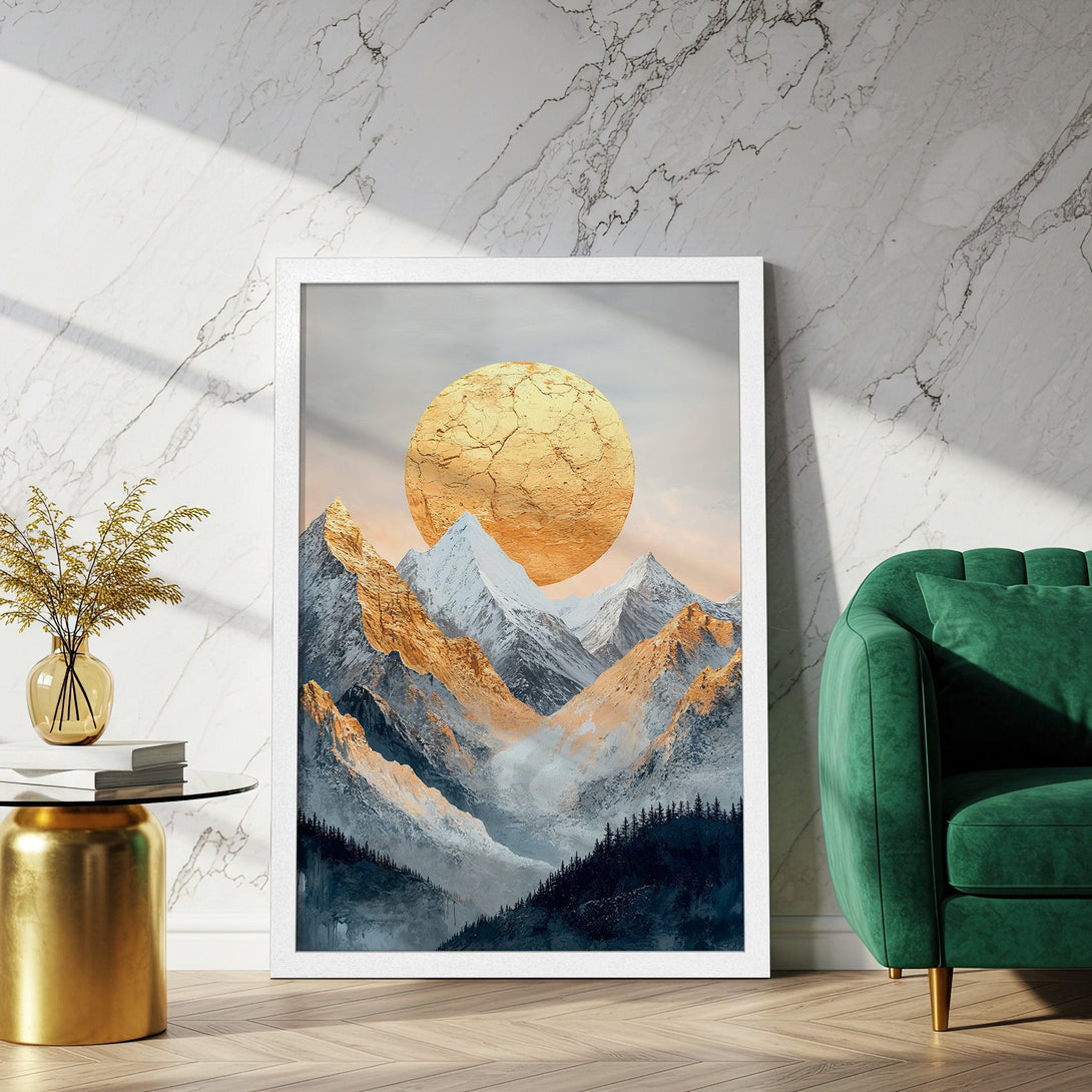 Framed Poster of majestic mountains with a golden sun, artistic style, and a gold, blue, and white color palette. Elevate your space!