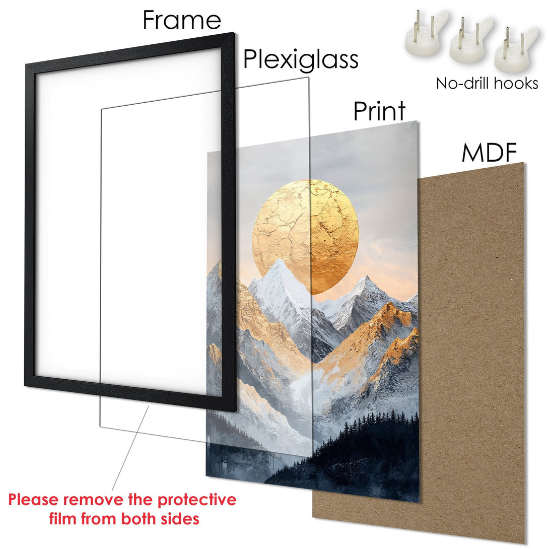 Framed Poster featuring a mountain landscape with a gold sun, in a modern style with a warm color palette.