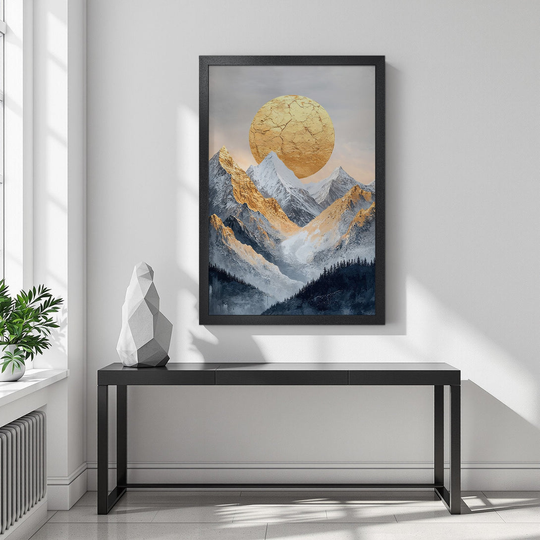 Framed Poster featuring a stunning mountain landscape with a golden sun. Modern art style, warm gold, blue and gray color palette. Elevate your space!
