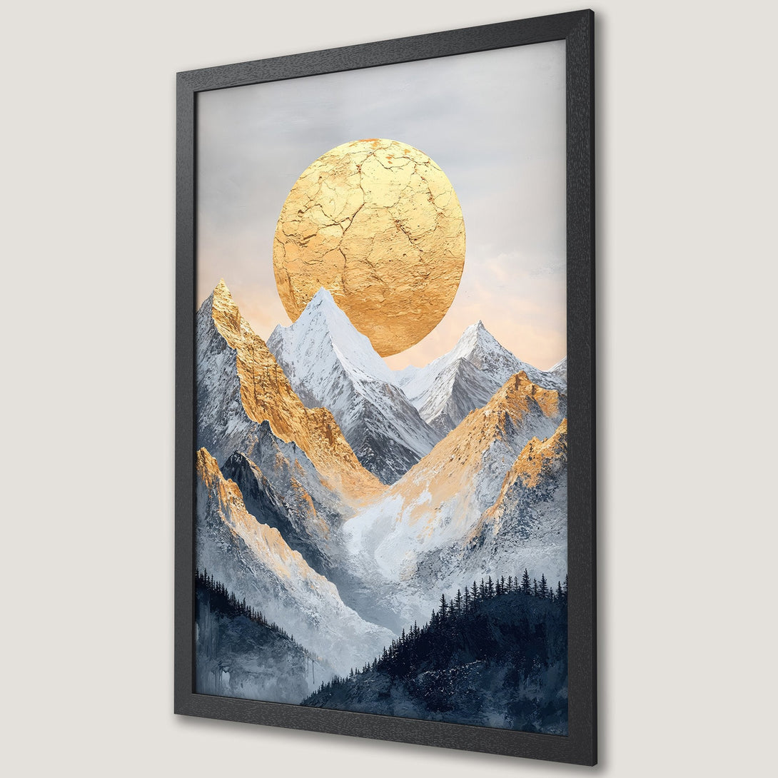 Framed Poster featuring a gold sun over mountain landscape art. Modern style with gold, blue, and white color palette.
