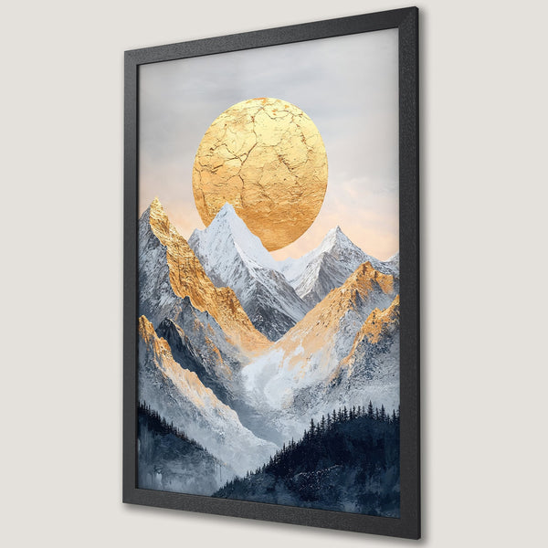Framed Poster featuring a gold sun over mountain landscape art. Modern style with gold, blue, and white color palette.