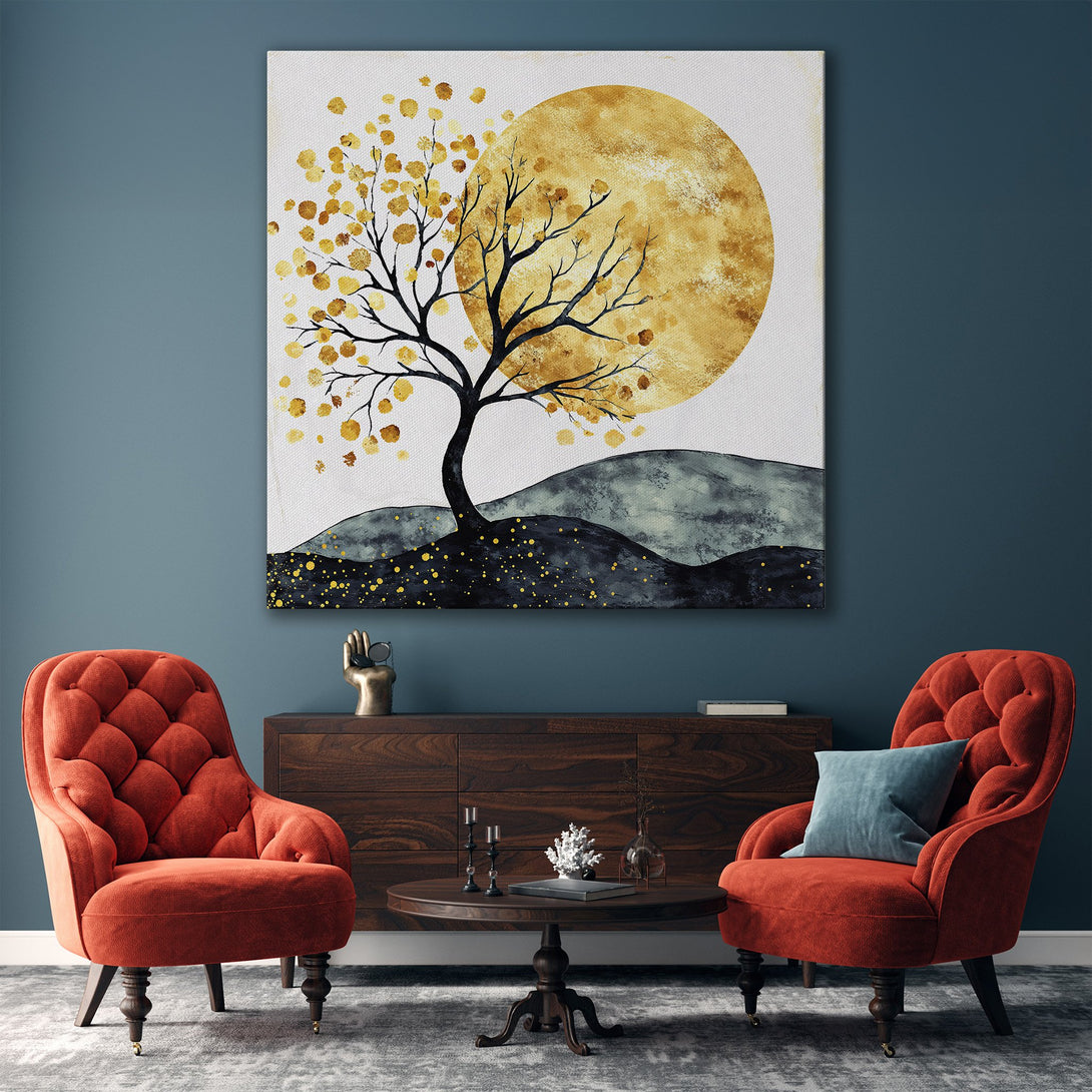 Framed Wall Art: Abstract tree art in gold and black tones. Modern canvas print with a warm, inviting color palette, perfect for living room decor.