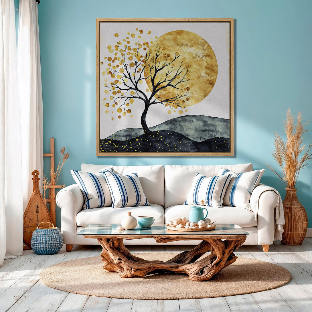 Framed Wall Art: Abstract tree painting with gold, black, and blue hues. Modern canvas print for living room decor.