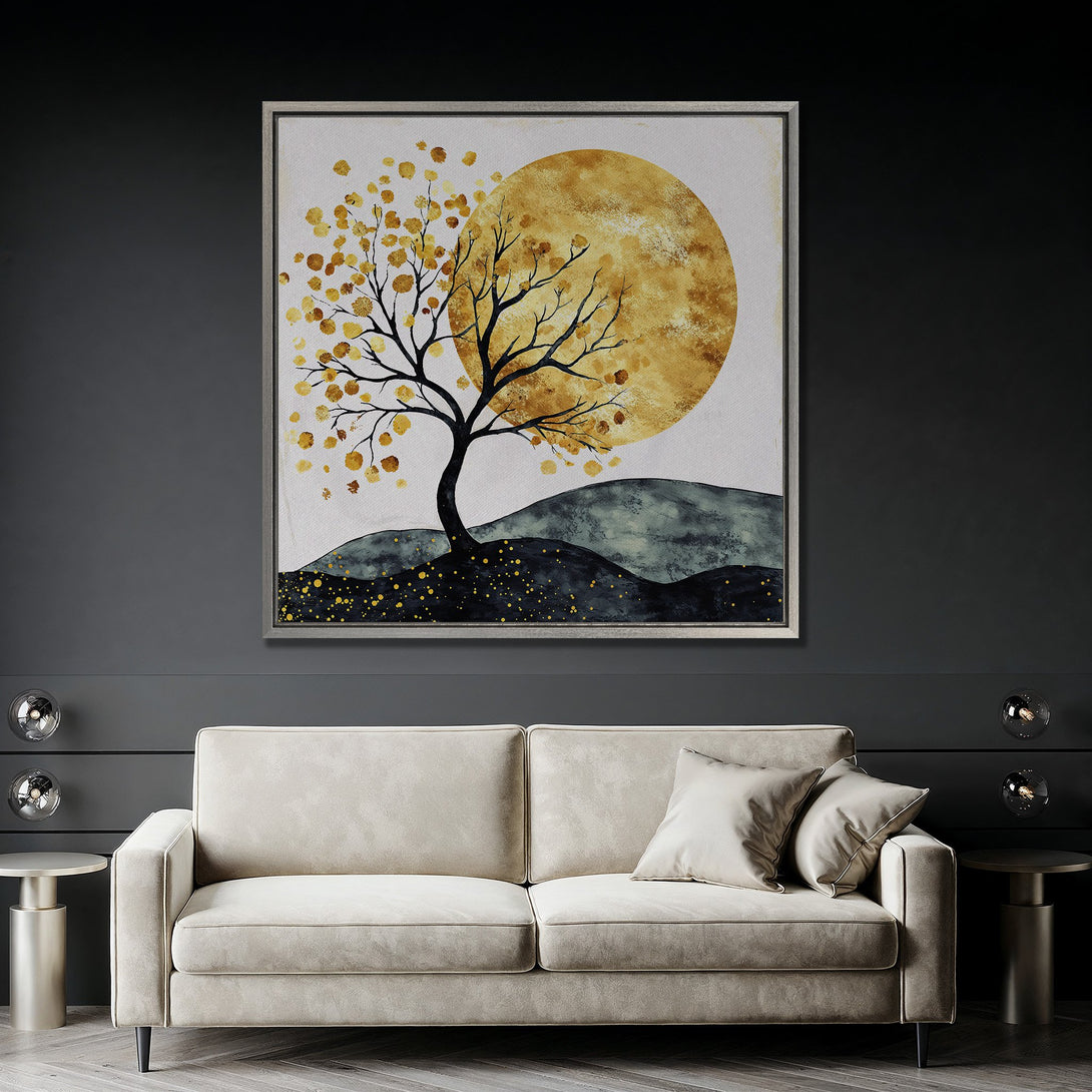 Framed Wall Art: Abstract tree art with a golden yellow and black color palette. Perfect for modern home decor. Shop now!