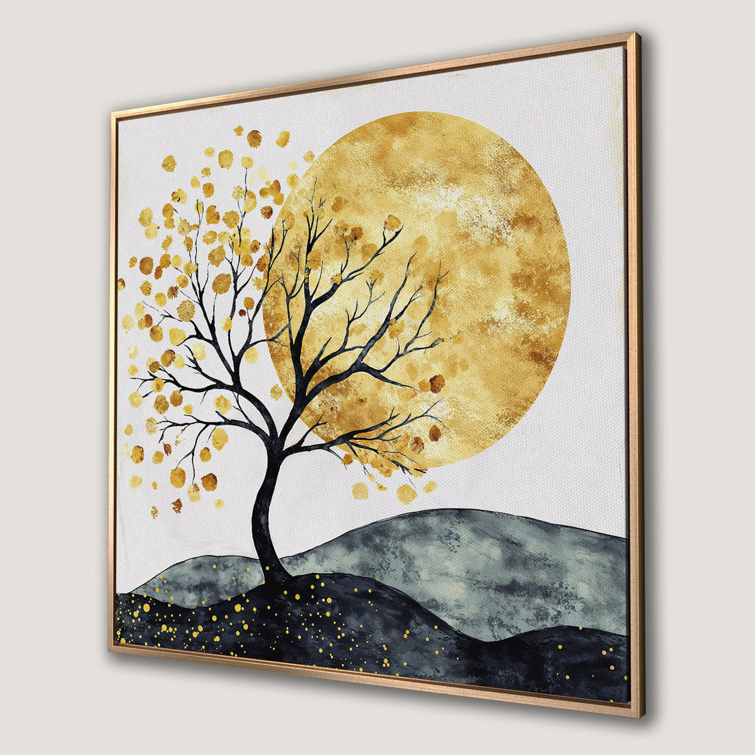 Framed Wall Art: Abstract tree with gold and black accents. Modern canvas print with a warm yellow and blue color palette. Perfect for home decor.