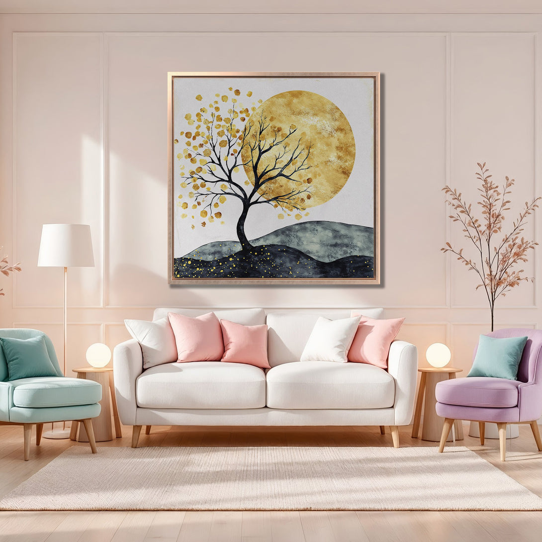 Framed Wall Art featuring a tree silhouette against a golden sun. Modern abstract style with a warm, neutral color palette. Perfect for living room decor.