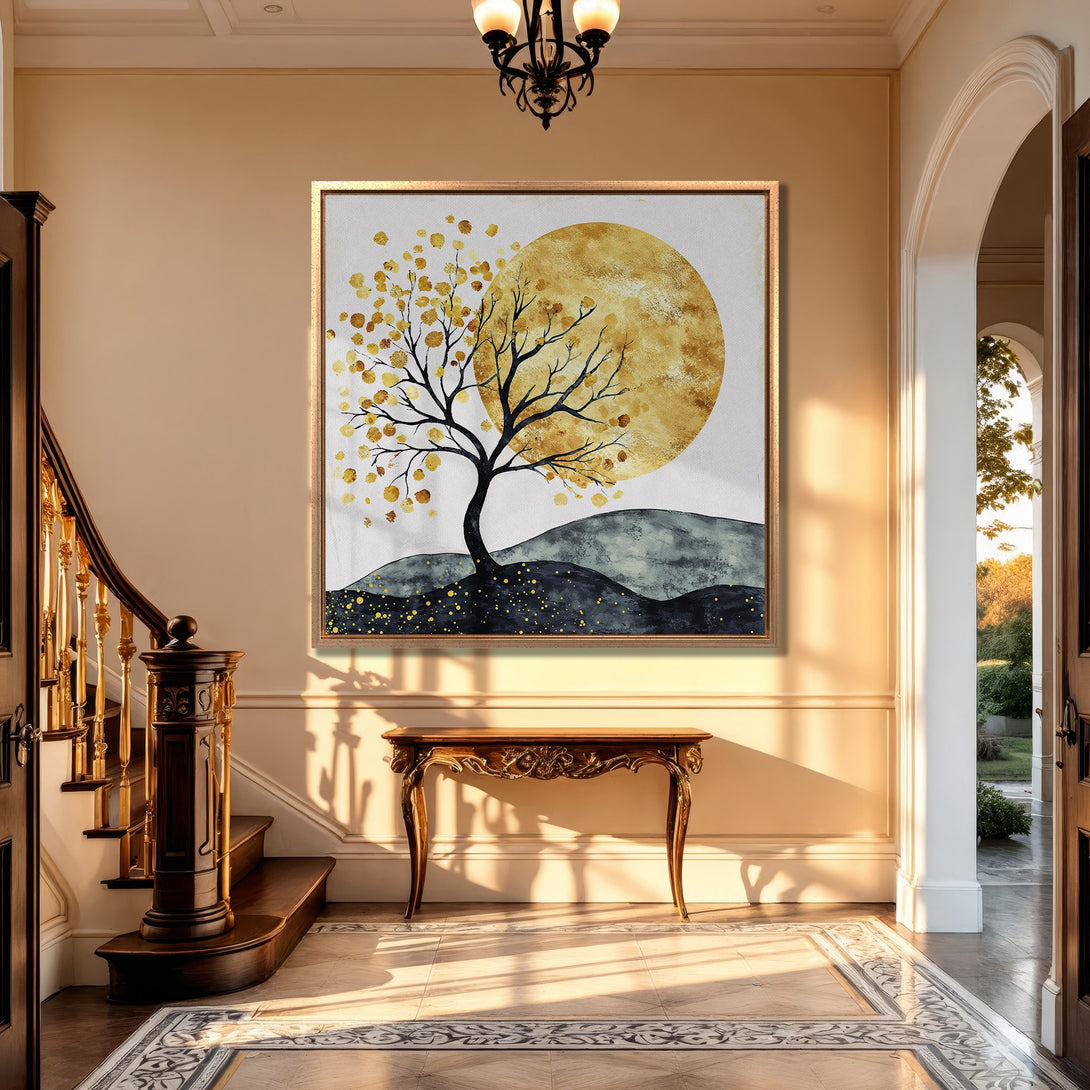 Framed Wall Art: Abstract tree art with golden yellow and teal color palette. Modern canvas print adds elegance to any interior.