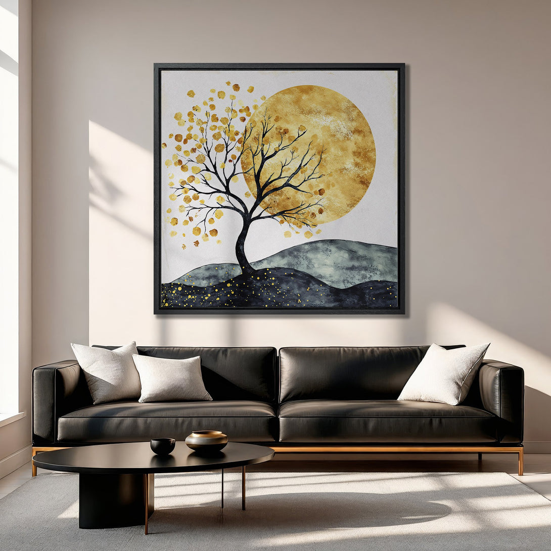 Framed Wall Art: Abstract tree art with gold, black, and teal color palette. Modern canvas print adds a touch of elegance to any living room.
