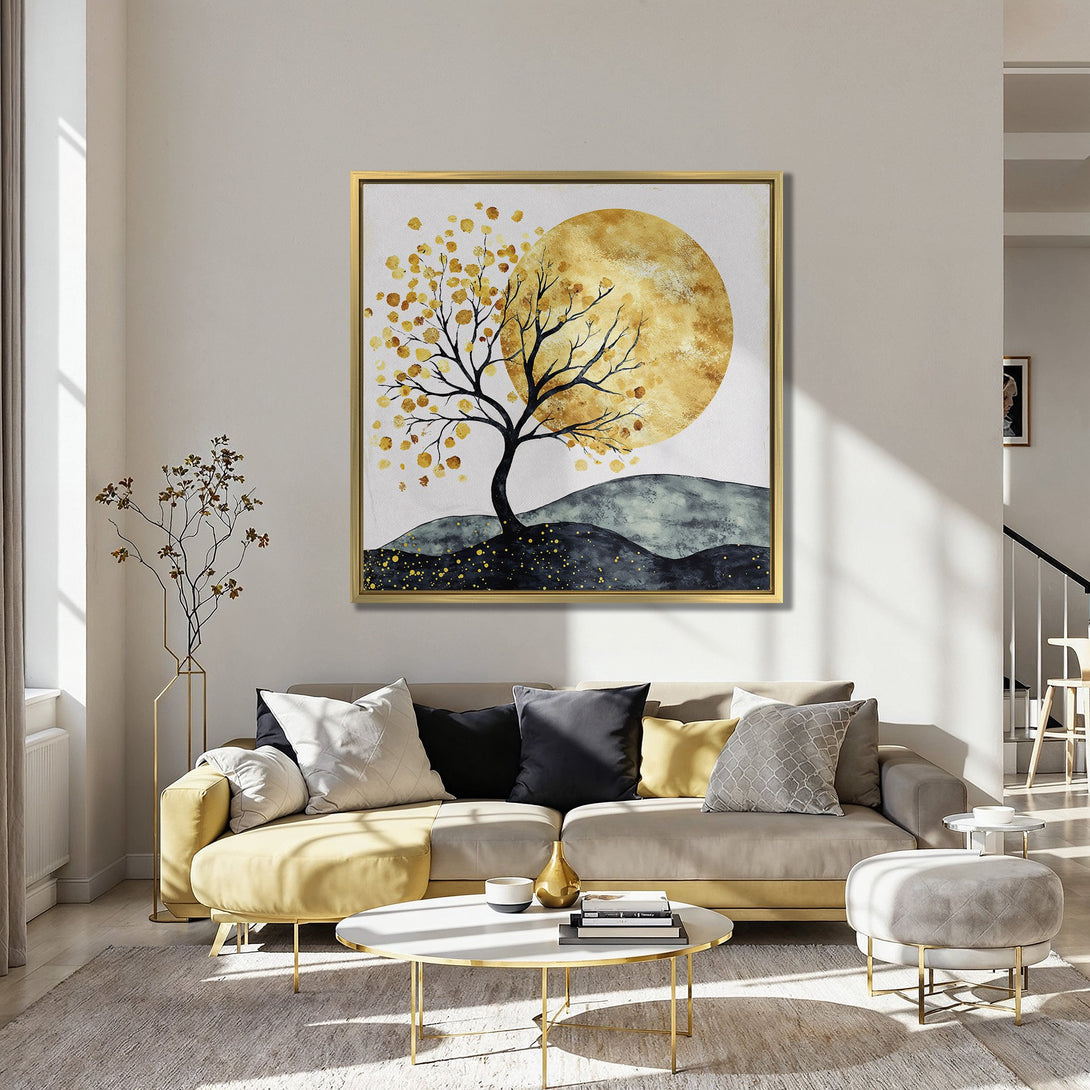 Canvas Print of a golden tree and moon, modern abstract art in warm yellow and blue tones. Perfect for living room decor.