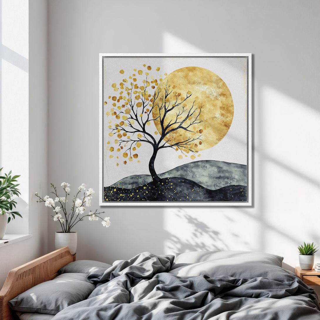Framed Wall Art of a tree with a golden sun in a bedroom. Modern, abstract style with a warm yellow and gray color palette. Perfect bedroom decor.