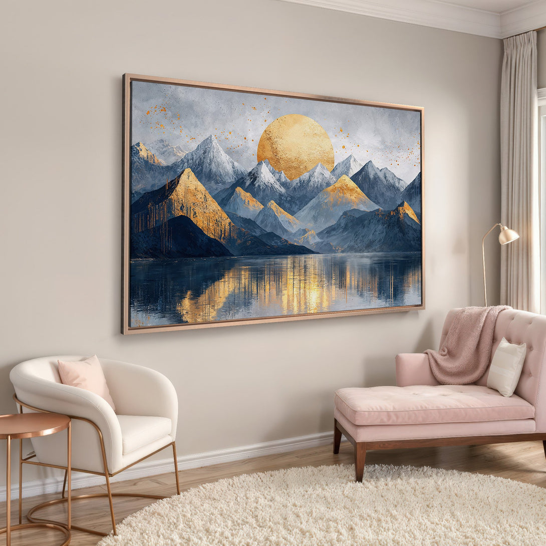 Framed Wall Art: Abstract mountain landscape in gold, blue, and gray. Modern canvas print adds a touch of elegance to any space.
